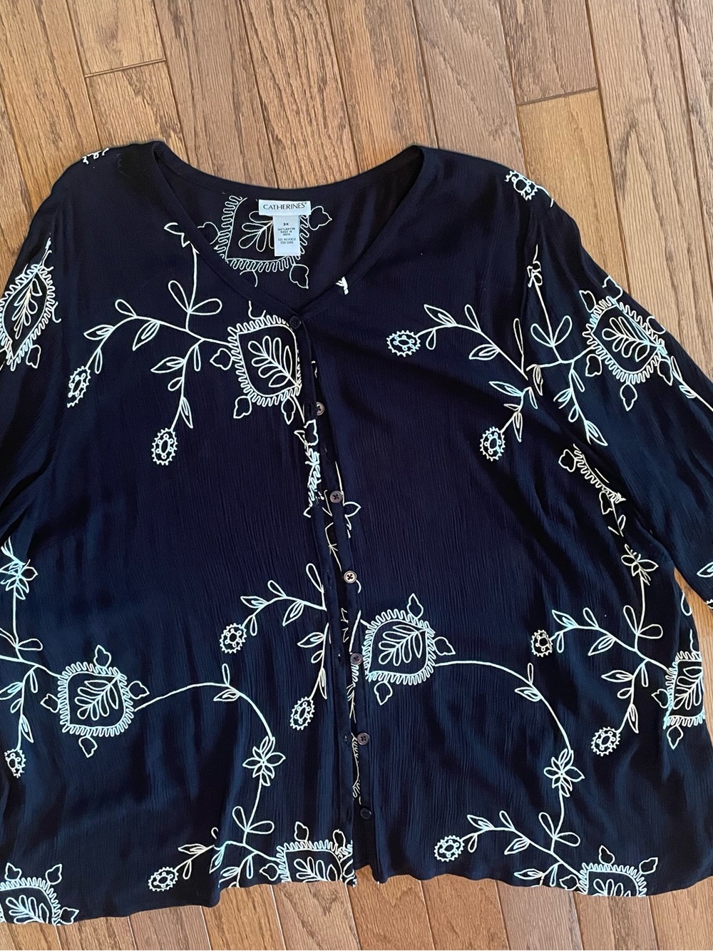 Catherines Black Button-Up Blouse Embroidered Floral Vines & Elbow Sleeves